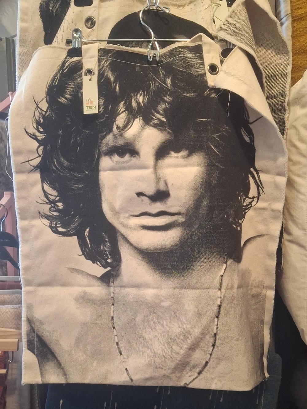 PBeige Canvas Tote Bag with Black Jim Morrison Graphic Print
